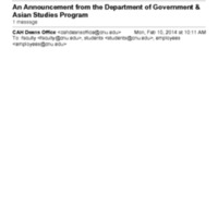1.9 ZB An Announcement from the Department of Government &amp; Asian Studies Program