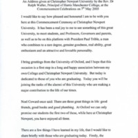 1.8 A-2 An Address given at Christopher Newport University by the Rev. Dr. Ralph Waller, Principal of Harris Manchester College, at the Commencement Celebrations on 7th May 2005 