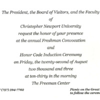 1.8 C-3 Invitation to the annual Freshman Convocation and Honor Code Induction Ceremony