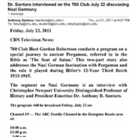3.23 D Dr. Santoro interviewed on the 700 Club July 22 discussing Nazi Germany