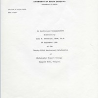 1.8 D An Anniversary Commemorative delivered by Lois W. Abramczyk, MSSW, Ed.D., 19 September 1986 at the Twenty-fifth Anniversary Celebration of Christopher Newport College Newport News, Virginia 
